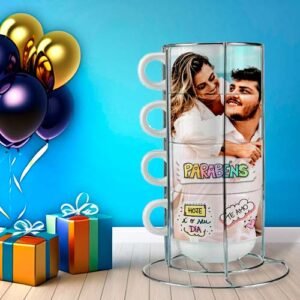 Presente de Aniversário: Kit 4 xícaras com Suporte de Metal