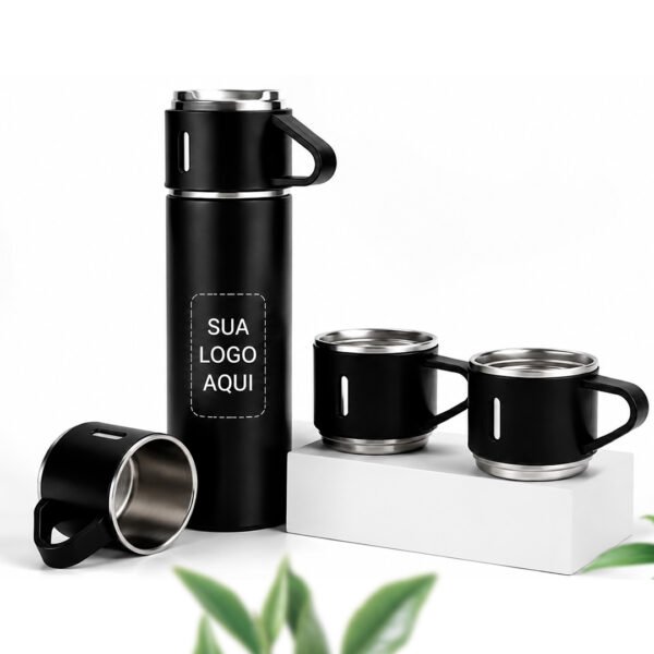 Garrafa térmica personalizada com 3 xícaras para brindes corporativos e eventos empresariais