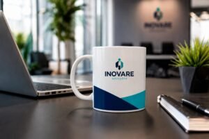 Caneca de porcelana personalizada usada como brinde corporativo em ambiente empresarial