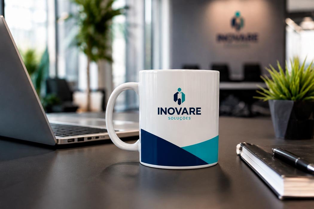 Caneca de porcelana personalizada usada como brinde corporativo em ambiente empresarial