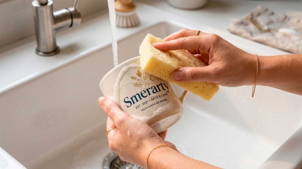 Como lavar caneca personalizada com esponja macia